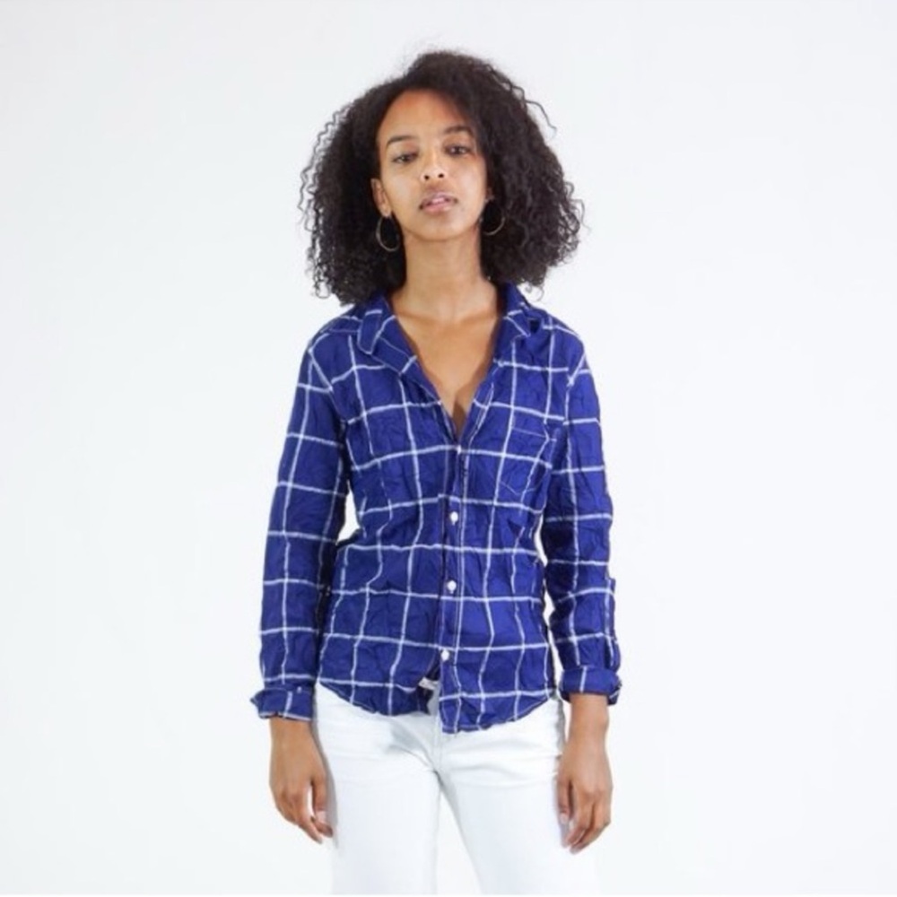 Frank & Eileen Barry Crinkled Plaid Button Down Shirt Blue